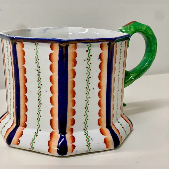 c. 1820 Antique Gaudy Welsh Octagonal Serpent Handle Harvest Cup Frog Mug - Picture 6 of 16
